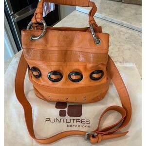 Puntotres Barcelona VINTAGE Orange Leather Satchel Crossbody Bucket Bag‎